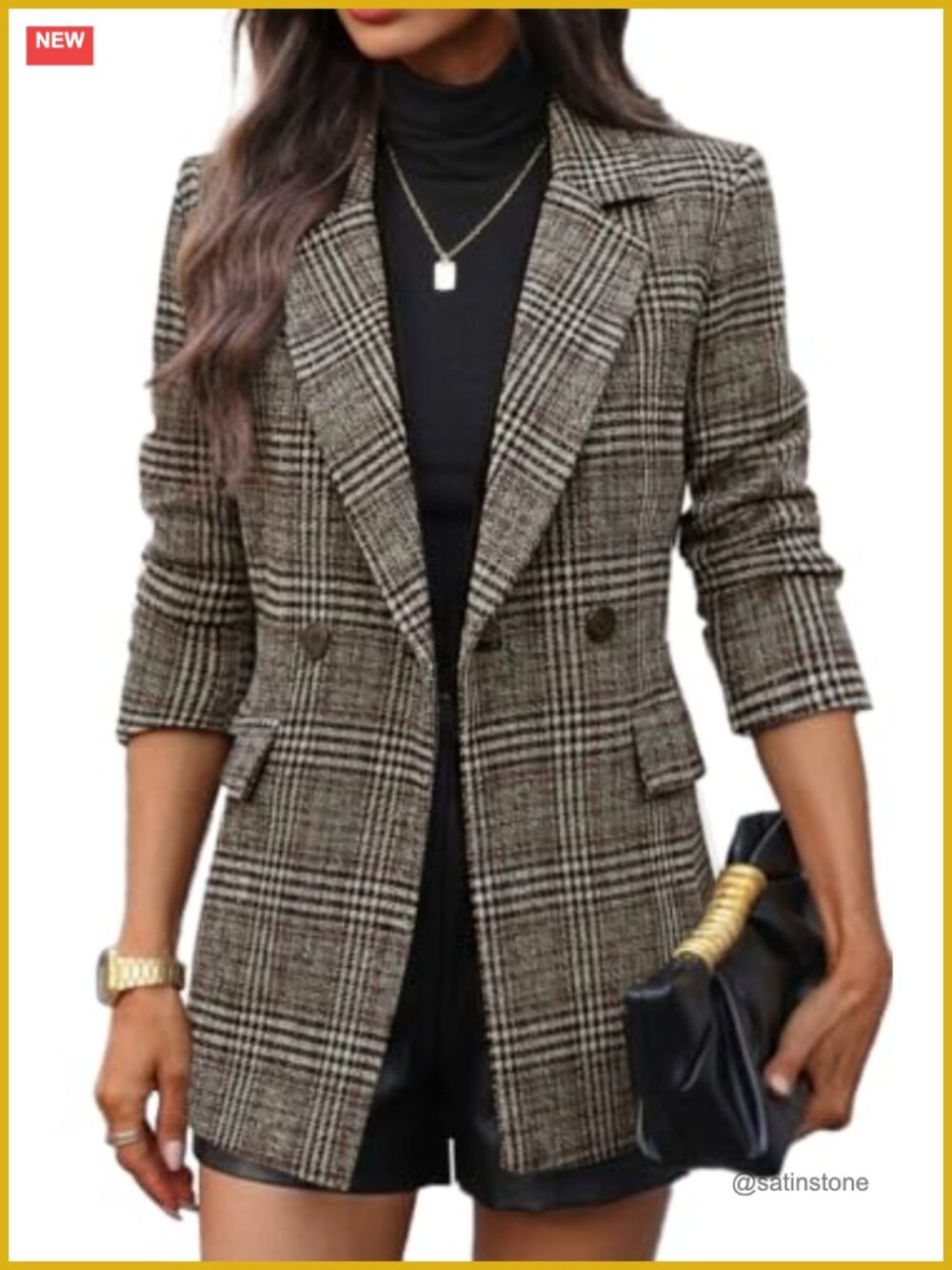 Women's Double-Breasted Plaid Tweed Blazer Long Slim-Fit Suit Jacket